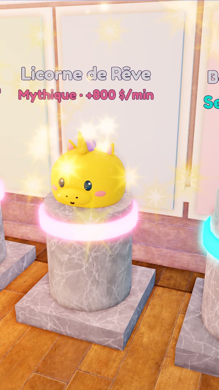 Un Squishy exposé sur un socle avec son revenu par minute
